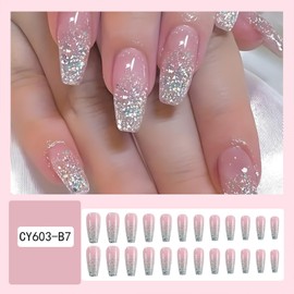 Glitter Press on Nails Coffin Long Fake Nails Pink False Nails With Designs Full Cover Reusable Stick on Nails Acrylic Ballerina Artificial Nails Glue on Nails for Women Nail Decorations 24Pcs