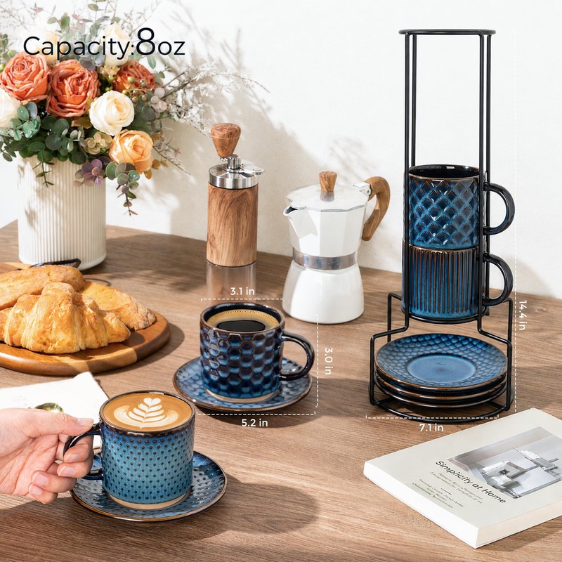 6 OZ Coffee Mugs with Saucer and Stand, Ceramic Espresso