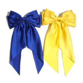 Furling Pompoms Satin Bow Barrettes with Long Tails - Purple and Yellow - Pack of 2 Hair Accessories for Women
