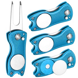 TIXIPEM Golf Divot Repair Tool [4PCS] - Switch Foldable Divot Tool Rack with Magnetic Ball Marker & Open Button Use for Golf Accessories & Gifts - [Blue] Green Fork Tines