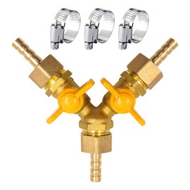 Horiznext brass 5/16 inch O.D. barb three way shut off ball valve for gas hose air water pvc pex garden tubing fuel line, tee switch splitter fitting