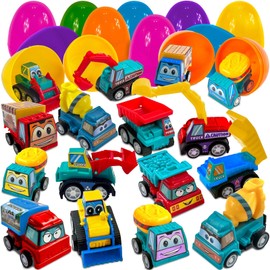 Stargo 16 Pack Colorful Prefilled Easter Eggs with toys - Construction Engineering Vehicles, pull-back cars, Bright Plastic Easter Eggs Filled, Basket Fillers Egg Hunts, Party Favors, Boys Goodie Bags