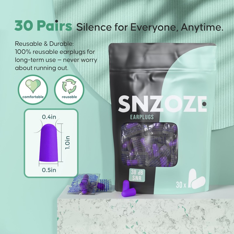 SNZOZE 30 Pairs Ultra Soft Foam Ear Plugs, Perfect for