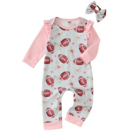 GLIGITTR Baby Girls Football Outfits Set Infant Game Day Floral Bodysuit Football Fans Lover Onesie Romper Jumpsuits+Headband(Pink1,18-24Months)