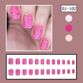 24Pcs Valentines Press on Nails Short Square Fake Nails with Gold Glitter Design Full Cover Glue on Nails Pink Love Heart False Nails Valentines Press ons Stick on Nails for Women Holiday Nails