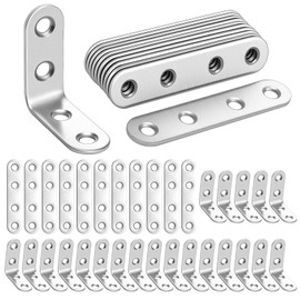 44Pcs Metal Brackets for Wood, L Shaped Right Angle Bracket and Flat Bracket Set Stainless Steel Mending Plates Corner Brackets for Wood Furniture Fixation, 2 Style