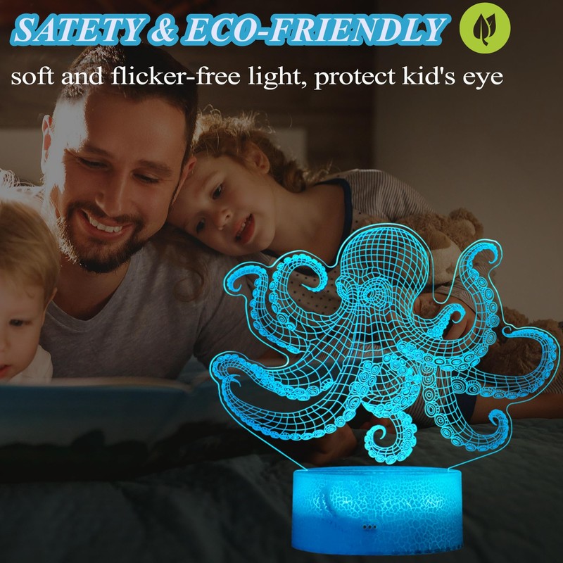 POSSHE Octopus Night Light, 3D Illusion Night Light Lamp, Octopus
