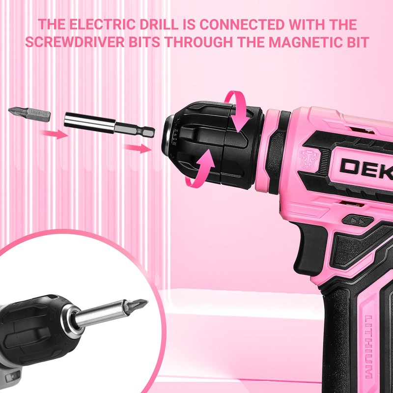 Cordless Drill：DEKOPRO 12V Power Drill Set with Pink 800RPM Electric