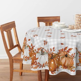 Horaldaily Fall Tablecloth 70×70 Inch Round, Thanksgiving Autumn Harvest Orange Buffalo Plaid Pumpkin Leaves Table Cover for Party Picnic Dinner Decor