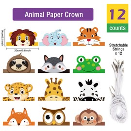 chiazllta 12 Pieces Jungle Safari Zoo Animal Party Headbands Decorations Wild One Birthday Paper Crown Hats for Kids, Jungle Photo Booth Props Favor Supplies