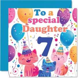 7th Daughter Birthday Card - Cute Cats Special Daughter - Happy 7th Birthday Card for Daughter from Mum Dad, 145mm x 145mm Age 7 Seven Greeting Cards for Daughter