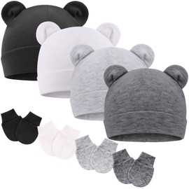 DRESHOW Newborn Baby Hat and Gloves Set Beanie Clothing Unisex Infant Hat Nursery Hat Baby Boys Girls 0-6 Months, 4 sets: bear ears hats & mittens double layer h11