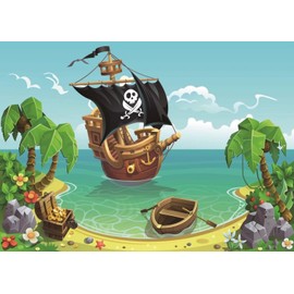 BELECO 7x5ft Fabric Cartoon Party Backdrop - Sea Adventure Pirate Ship Seaside Scenery Treasure Box Boat Background Neverland Pirates Themed Birthday Party Decoration Baby Kids Photo Props
