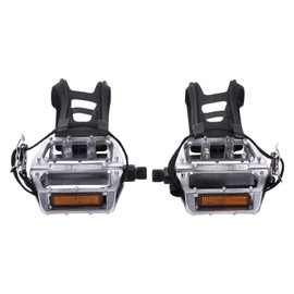 zonkie Bike Pedals with Clips and Straps for Outdoor Cycling Indoor Stationary Bike 9/16 Inch (Silver)