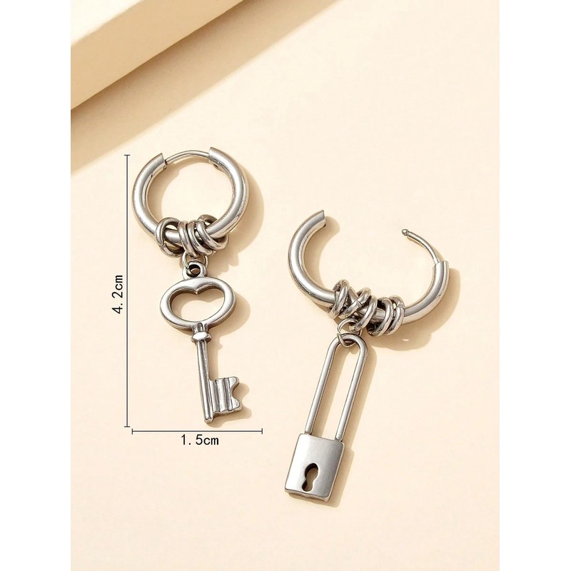 Lock and Key Hoop Earrings – Asymmetrical Punk Dangle Earrings,
