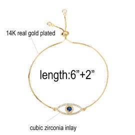 Dainty 14K Real Gold Plated Bracelet for Women Men, Adjustable Gold Chain Link Evil Eye Hamsa Hand Paperclip Butterfly Charm Bracelets for Women Jewelry, Copper, Cubic Zirconia,