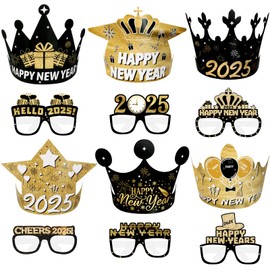 Runloon 12Pcs Happy New Year Party Supplies Happy New Year Hats and Glasses Set Black Gold 2025 New Year Party Crowns Happy New Year Eyeglasses Photo Props for Happy New Years Party Decor Favors