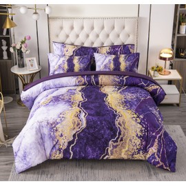 PERFEMET Watercolor Marble Pattern Comforter Sets Purple Tie Dye Bedding Set King Size 3D Printing Bed-in-A-Bag, Stylish Retro Artwork Quilt Set Bed Collections 6 Pieces(Purple,King Size)