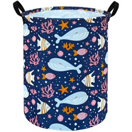 DUYIY Round Baby Laundry Hamper Storage Basket Organizer Hamper Storage Bins for Clothes Toys Box Nursery Hamper Gift Basket with Handles, Blue Whale