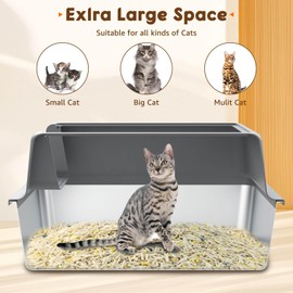 BETOPET Stainless Steel Litter Box - Extra Large Easy Cleaning Metal Cat Litter Box with lid High Sides Enclosure and Litter Scoop for Kittens/Small/Medium/Large Fat Cats- Grey