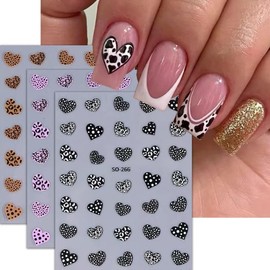 Valentine's Day Nail Stickers Heart Nail Decal 6PCS 3D Self-Adhesive Leopard Print Nail Art Stickers Brown Black Purple Leopard Heart Nail Art Design Supplies Stickers for Women Nails Art Decorations