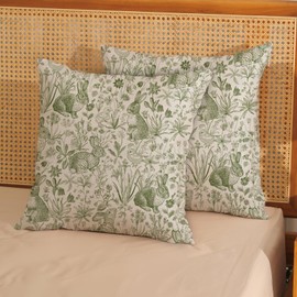 JEFERSO Spring Sage Green Pillow Covers 20x20 Set of 2 Easter Rabbit Bunny Floral Botanical Decorative Throw Pillows Spring Holiday Farmhouse Pillow Cases Decor Outdoor Cushion Case for Couch Sofa