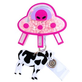 Cute UFO Cow Badge Reel Holder Retractable with ID Clip for Nurse Nursing Name Tag Card Funny Accessories with Alligator Clip Medical Assistant Office Student Work Hospital