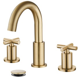 gotonovo 3-Hole Widespread Bathroom Faucet Double Cross Handle Mixer Tap for Bathroom Sink Deck Mount Hot Cold Water Matching Pop Up Drain Gooseneck Spout Brushed Gold