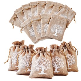 Tree of Life Jute Bags with Drawstring, Tree of Life Linen Bag, Cotton Bag for Jewellery, DIY, Crafts, Weddings, Parties, Christmas, 8 x 10 cm, Pack of 30