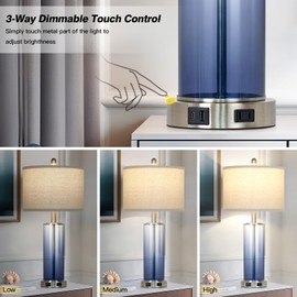 26" Coastal Blue Glass Table Lamps Set of 2, 3-Way Dimmable Touch Control Bedroom Lamp with USB C+A Ports & AC Outlet, Elegant Living Room Lamp, Nautical Bedside Lamps for Nightstand Side End Table