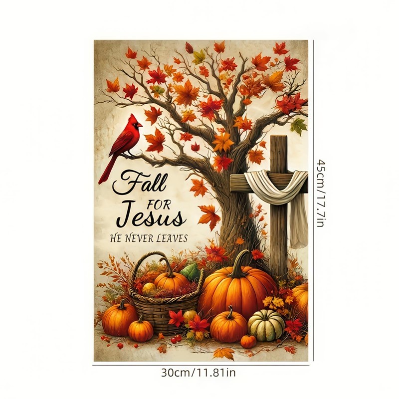 Fall Jesus Garden Flag Autumn Christian Decoration Pumpkin Cross Design