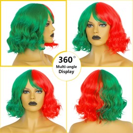 Askuang Half Red Half Green Wig Short Curly Wavy Wig with Bangs for Women Girls Christmas Party