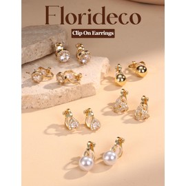 Florideco 10 PCS Clip on Earrings for Women 14K Gold Plated Cubic Zirconia Clip On Stud Earrings Non-Pierced Twist Knot Simulated Pearl Heart Earring Set