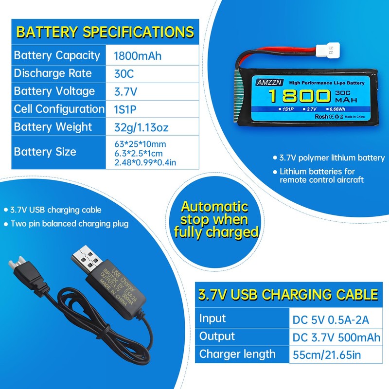 AMZZN 3.7V 1800mAh 30C Lipo Battery with Molex Plug and