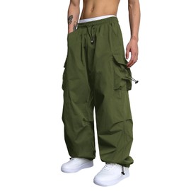 ZAFUL Flat Pocket Parachute Pants for Men Causal Baggy Cargo Pants Unisex Street Y2K Pants Drawstring Trousers Deep Green M