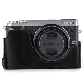 MegaGear MG972 Ever Ready Leather Half Case and Strap with Battery Access for Panasonic Lumix DMC-GX85/GX80 Camera - Black