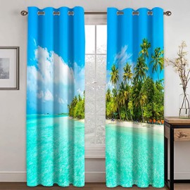 ANAZOZ Drapes for Living Room with Eyelets,2 x 40W x 54H IN,2Pack Window Drapes and Curtains Blackout Palm Beach Landscape Curtains Blue Green Bedroom