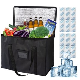 20L Cool Bag Large 35 x 26 x 23 cm, Foldable Cool Bags with 12 Ice Bags, Cool Box Insulated Bag, Picnic Bag, Ice Bag for Food Transport (Black-XL) (Black XL-20 Litres)