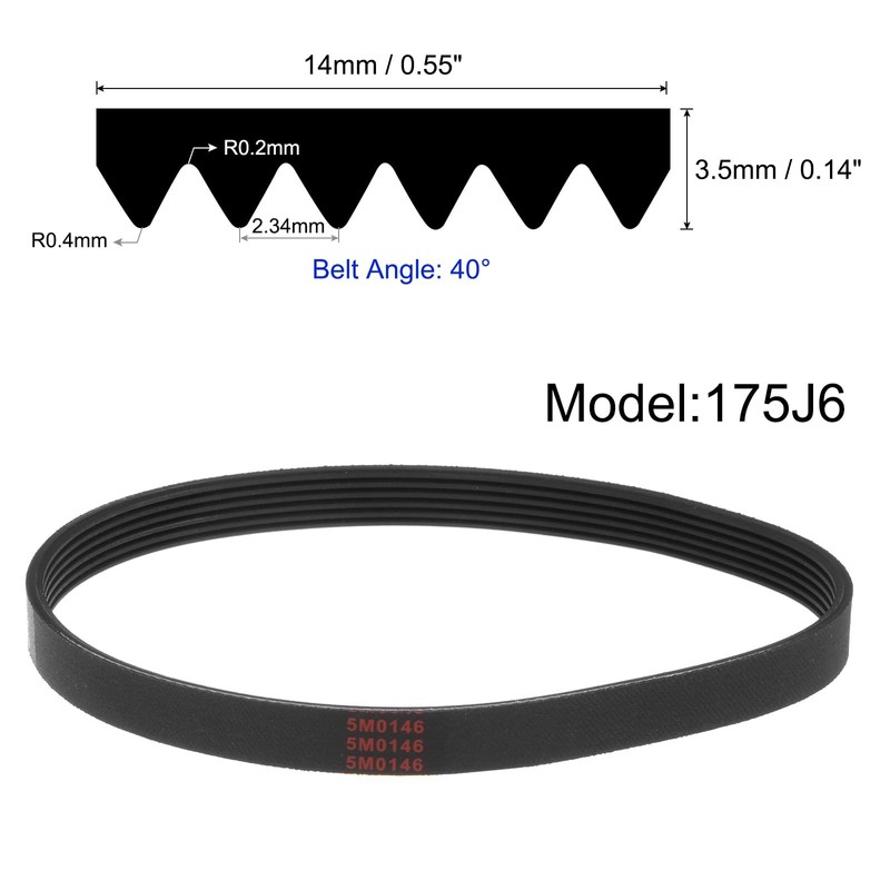 sourcing map 175J6 Rubber Poly V Belt, 6 Ribs PJ