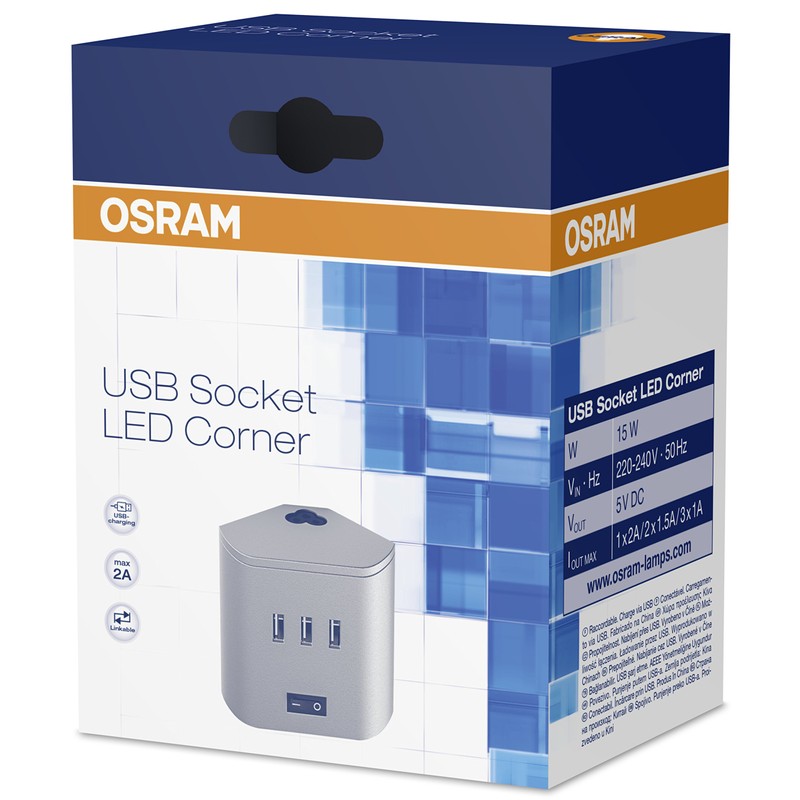 Osram Linear LED Corner USB Socket Under-Cabinet Luminaire, Silver, 8