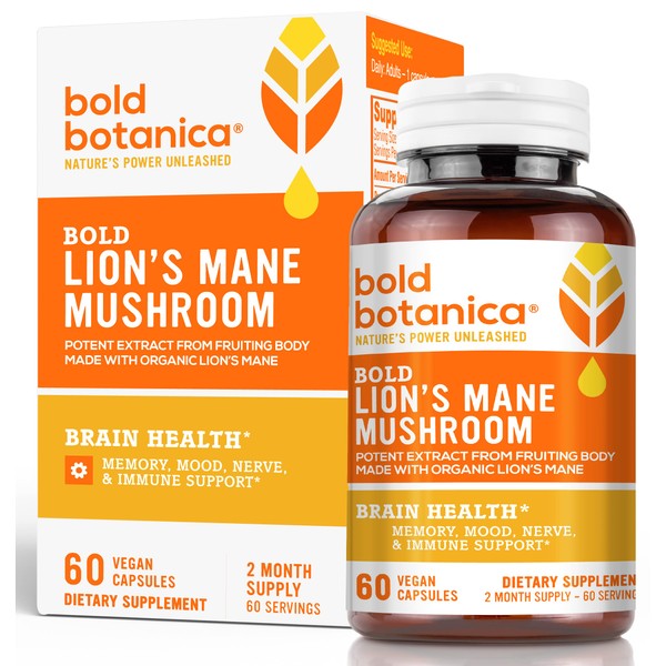 Bold Botanica Bold Lion’s Mane Mushroom Capsules - Concentrated Organic Lion’s Mane Extracts – Nootropic Brain Health – Memory, Mood, Immune Support - 100% Fruiting Body - 60 Vegan Capsules