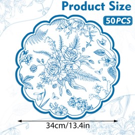 50 Pcs Blue Floral Paper Placemats,Placemat Chinoiserie Place Mats 13.4 Inch Vintage Blue Floral Round Disposable Placemats Mats Table Setting Wedding Tea Party Decor Birthday Party Supplies
