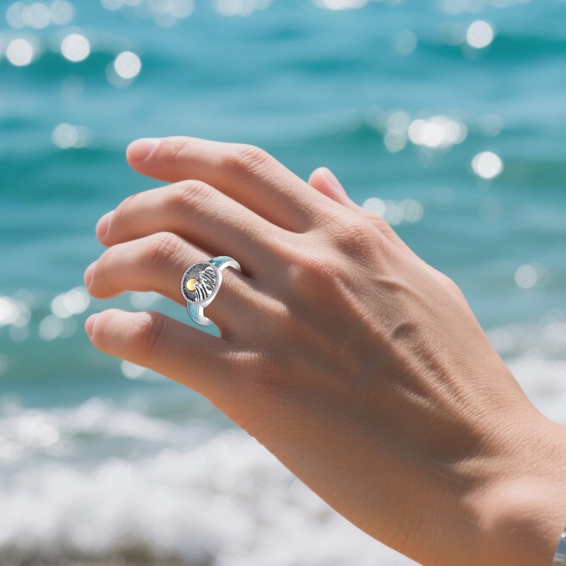 URONE Mountain Ring 925 Sterling Silver Mountain Peak with Sun