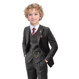 YoTsaiSpring Tweed Herringbone Boys Suit Retro 3 Piece Grey Suits for Boys Tuxedo 1920 Homecoming Blazer Vest Pants Gray Set Size 3t