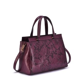 Mellow World Salome Embossed Floral Vintage Medium Satchel Cross Body Handbag for Women with Removable Adjustable Strap Plum