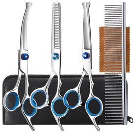 5 in 1 Upgraded Thicken Dog Grooming Scissors, Professional Dog Scissors for Grooming with Safety Round Tips, Lengnoyp Stainless Steel Thinning Shears, Pet Cat Shears for Grooming Kit