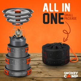 10 Pcs Smokey Camp Backpacking Cooking Set with Stove & Adapter - 2 Pots Large Medium 1 Kettle 1 Large Pan 1 Stove 2 Adpater, Compact Non-Stick Camping Cookware Mess Kit, All in One (with Kettle)