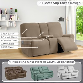 ULTICOR Jacquard Design Reclining Loveseat with Middle Console Slipcover, 8-Piece Stretch Sofa Covers, 2 seat Loveseat Recliner Cover, Washable (Taupe, Loveseat with Console Recliner Cover)