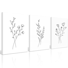 Flower Line Wall Art Set of 3 Botanical Canvas Wall Decor Floral Minimalist Wall Art Abstract Plant Pictures Flower Line Prints Black White Floral Artwork for Room Bedroom 16x24 Inch Ready to Hang