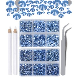 LPBeads 6000 Pieces Lt Sapphire Non Hotfix Rhinestones 6 Sizes Round Crystal Glass Flat Back Rhinestones with Tweezers and Picking Pen for Nail Art Crafts Clothes Bags DIY